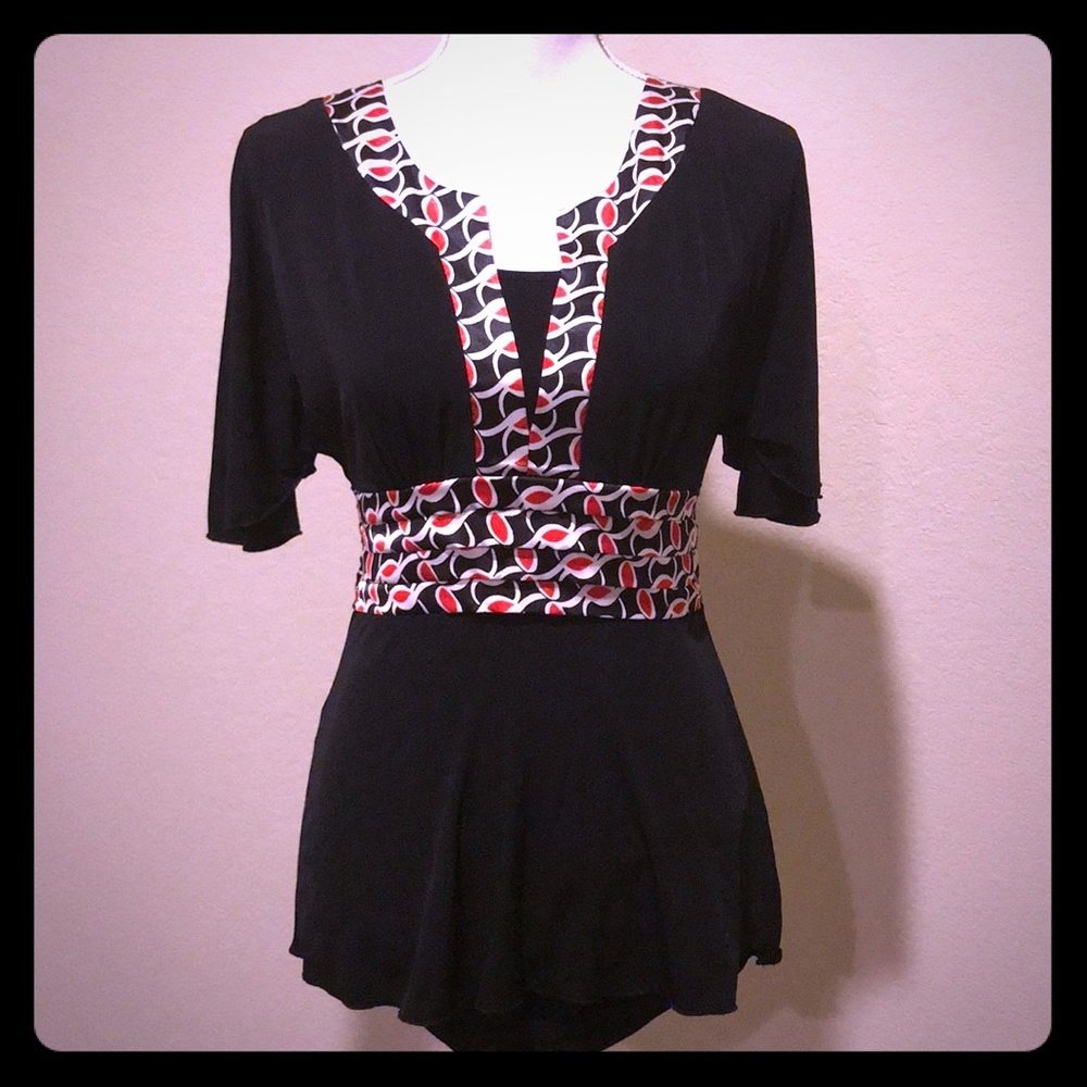 Red and Black V neck blouse